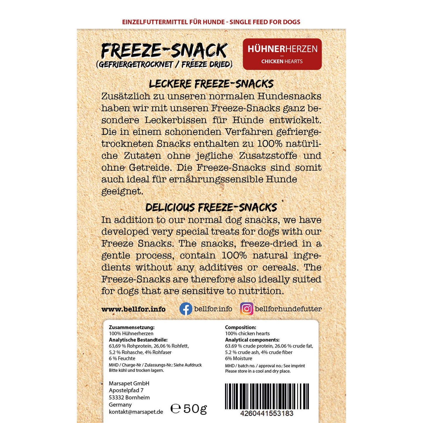 Bellfor - Gesunder Freeze Hundesnack - Hühnerherzen